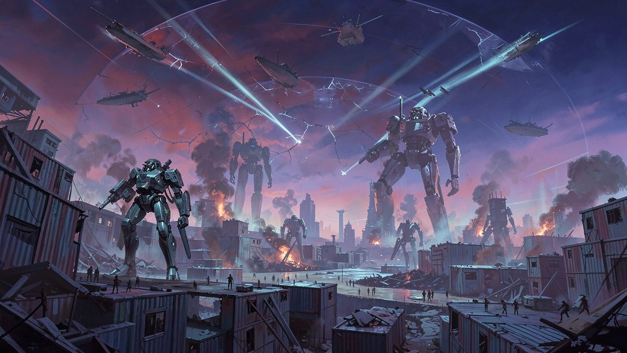 War mechs striding through a burning colony city while warships fire overhead in low orbit.