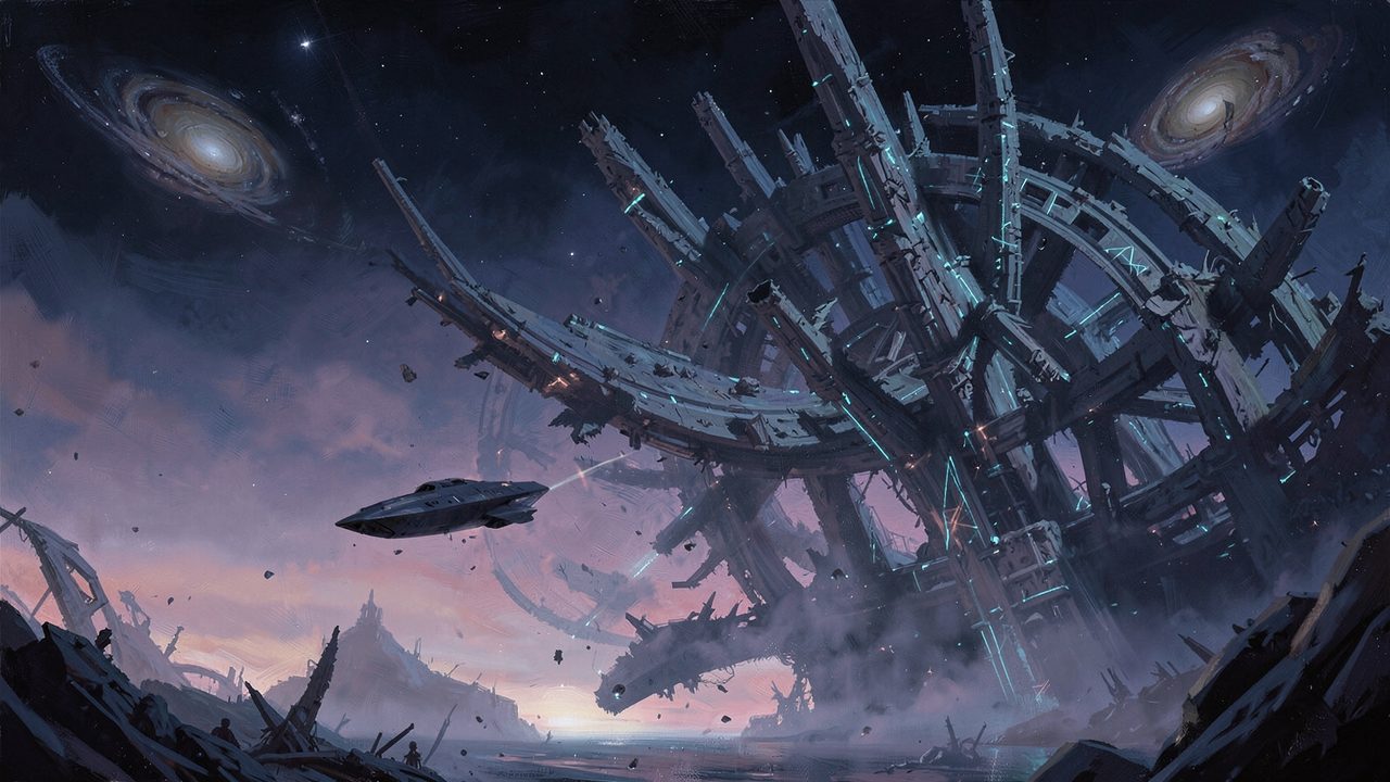 A lone stealth starship approaching a colossal ruined alien megastructure in the darkness between galaxies.