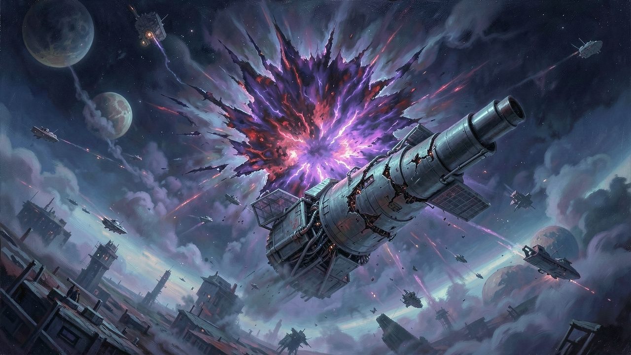 A violet and crimson tear in space spreading from a shattered planet, swallowing stations while ships flee.