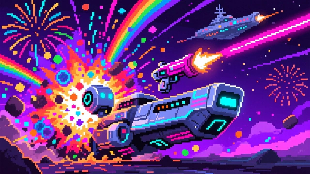 Ships engaged in spectacular combat with particle effects
