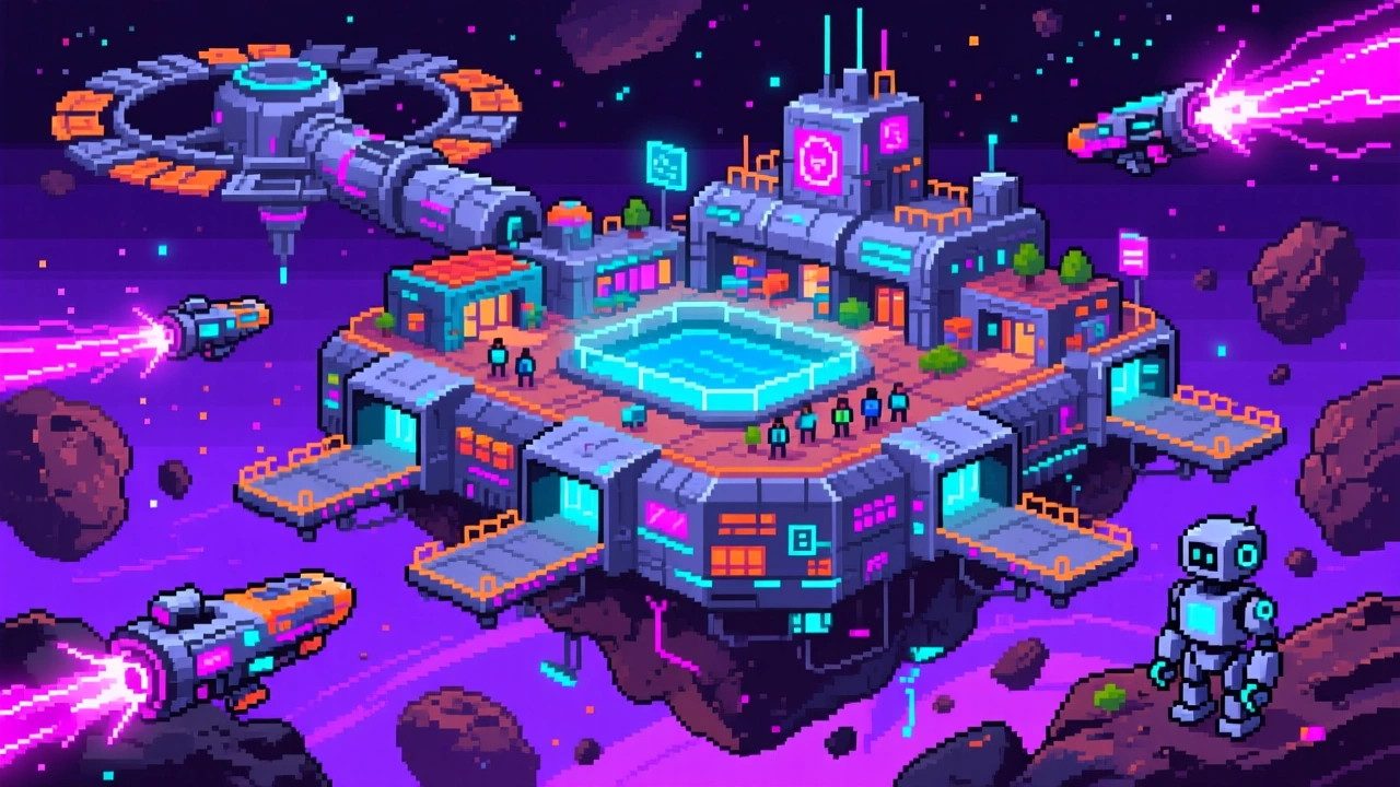 Orbital space station community with docking bays and celebration arenas